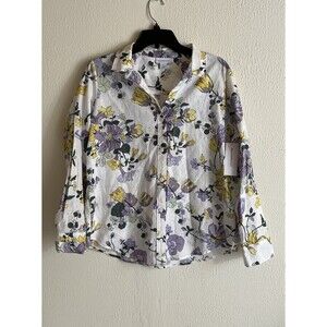 liz claiborne Linen Springtime Floral Button Down Long Sleeve Shirt Feminine PL